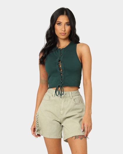 EN ES Women's Reny Lace Up Crop Top Deep Teal