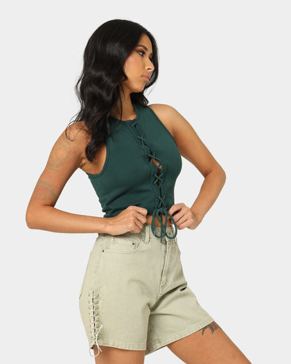 EN ES Women's Reny Lace Up Crop Top Deep Teal