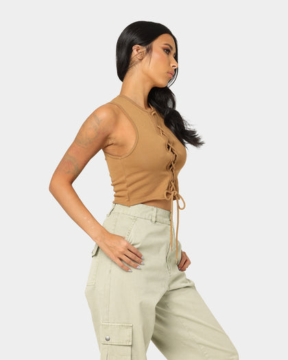 EN ES Women's Reny Lace Up Crop Top Tan
