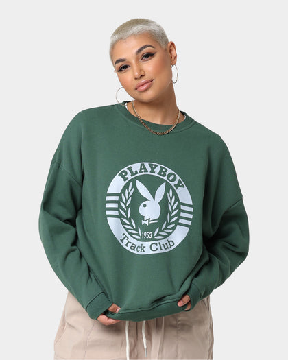 Playboy Women's Bunny Track Club Oversized Crewneck Emerald