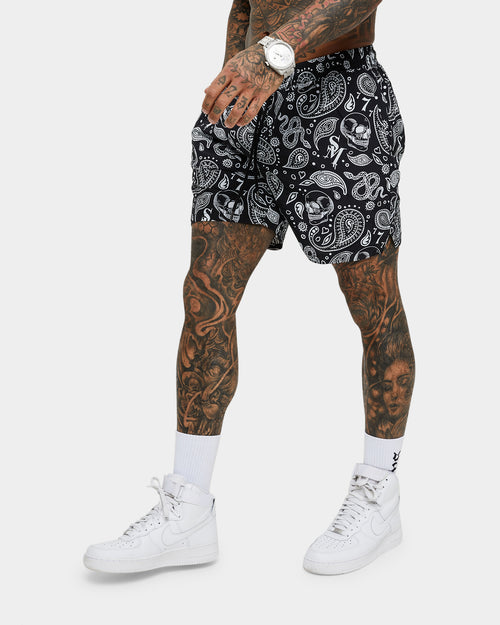 Saint Morta Paisley Skulls Beach Shorts Black/White