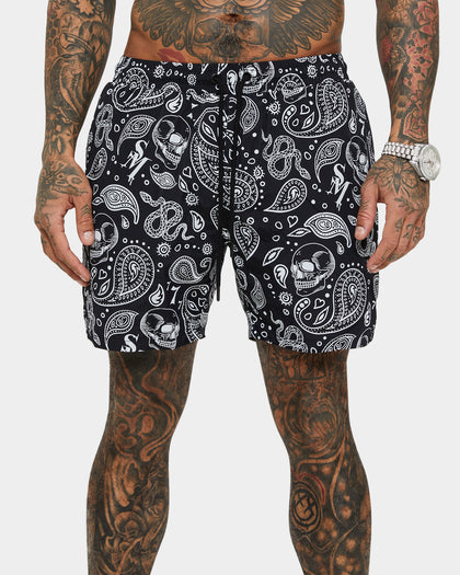 Saint Morta Paisley Skulls Beach Shorts Black/White