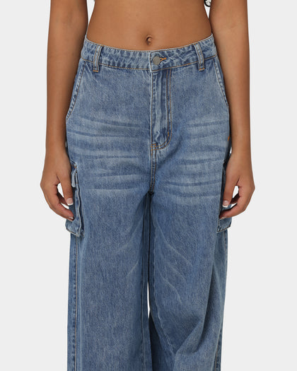 EN ES Women's Thrashed Wide Leg Jeans Mid Blue
