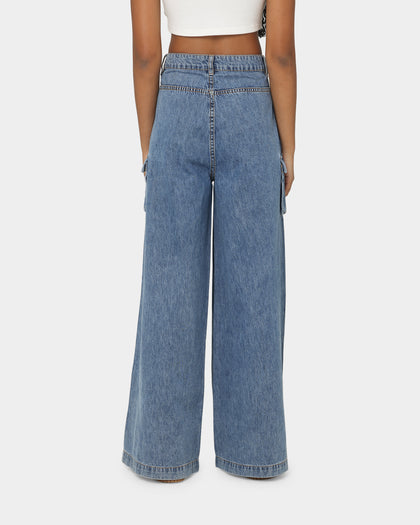 EN ES Women's Thrashed Wide Leg Jeans Mid Blue