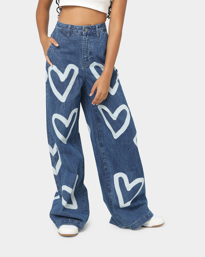 EN ES Women's I Heart You Baggy Jeans Light Blue Deni
