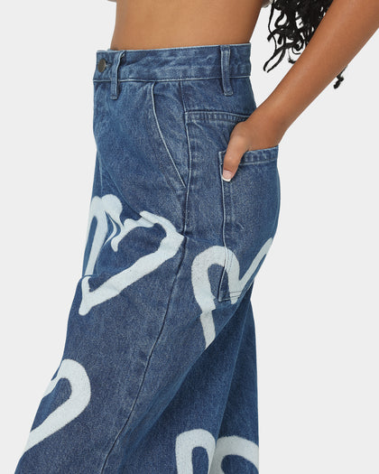 EN ES Women's I Heart You Baggy Jeans Light Blue Deni