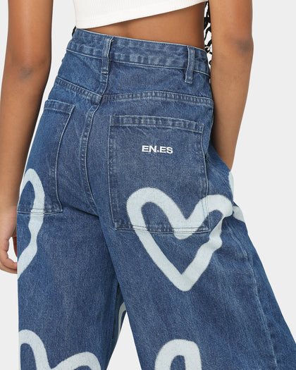 EN ES Women's I Heart You Baggy Jeans Light Blue Deni