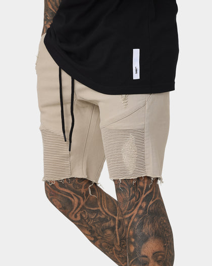 Saint Morta United Distressed Biker Shorts Stone