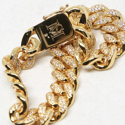 Saint Morta 12mm Diamond Cuban Link Bracelet Gold Plated