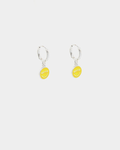 Wild For The Weekend Smiley Drop Hoop Earrings Silver