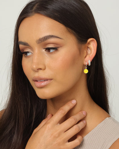 Wild For The Weekend Smiley Drop Hoop Earrings Silver
