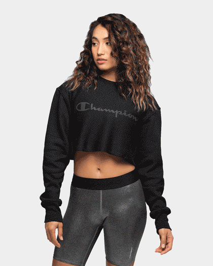 Champion Women's React Rev Weave Script Crop Crew Black